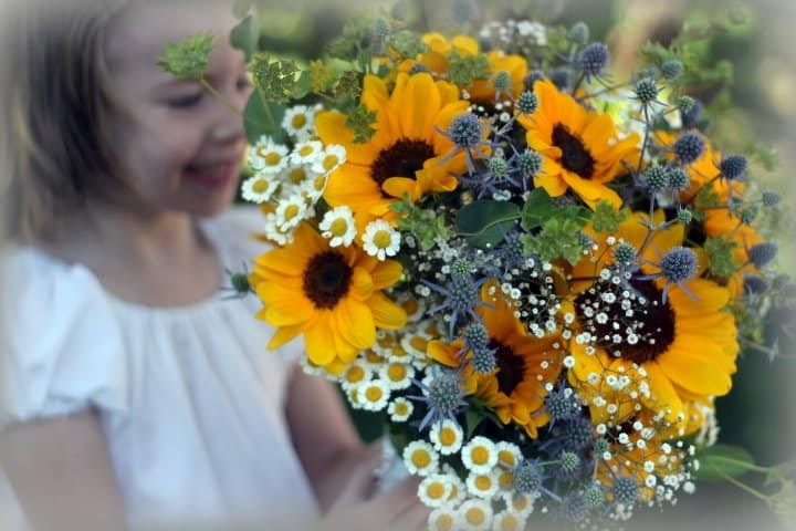 Sunflower bouquet Child holding a sunflower bouquet